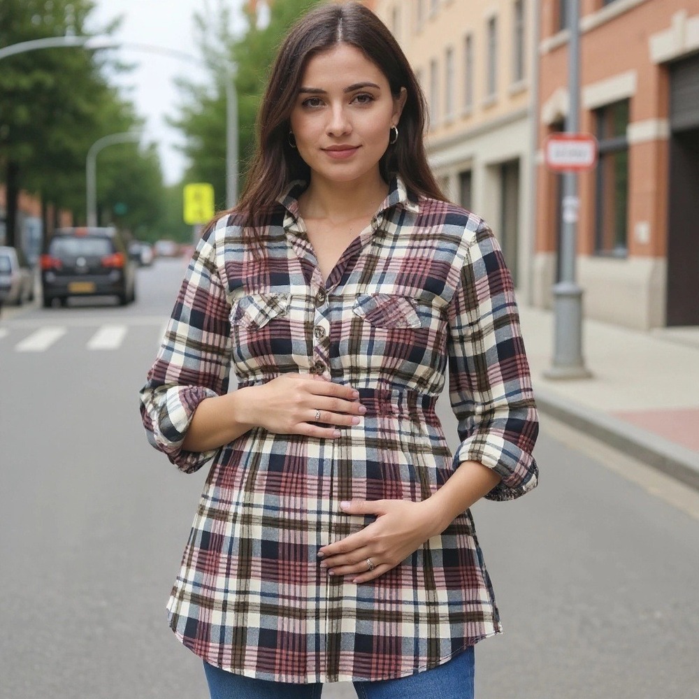 Eden & Olivia Maternity‎ Plaid Tunic Lightweight Roll Tab Size Sm Button Down